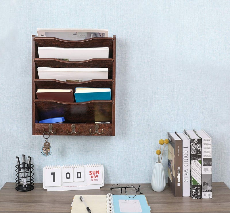 PAG 5-Tier Wall File Holder Hanging Mail Organizer Wood Magazine Literature Rack with 6 Hooks, Brown - Image 4